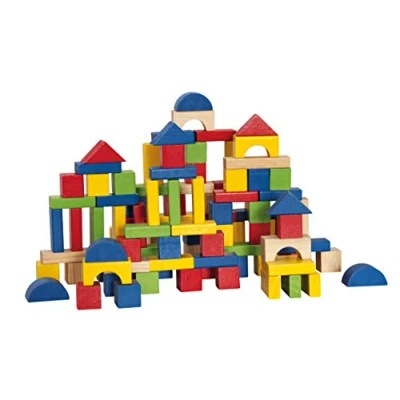 Abbildung von Woodyland Lernspielzeug 100 bunte Holzbausteine in unterschiedlichen Formen und Steckspiel (100 St), Bausteine