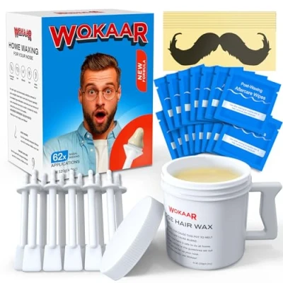 Abbildung von Wokaar Nasenhaarwachs Set für Männer und Frauen, 120 g, hypoallergenes Wachs, 30 Applikatoren, Nasen Ohrhaarentfernungswachs, einfaches Nasenloch Wachs Kit, 15 Balsam Tücher,