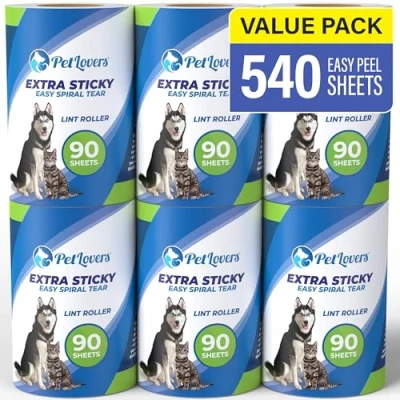 Abbildung von PetLovers Extra klebrige Fusselrolle Mega Value Set 450 Blatt für die Tierhaarentfernung, Hunde und Katzenfusselentfernung 6 Nachfüllungen