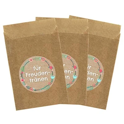 Abbildung von Papierdrachen 50 braune Papiertüten &amp; Freudentränen Aufkleber für die Hochzeit Verpackung Taschentücher Vintage Deko (Papiertüten Sticker) Set 6