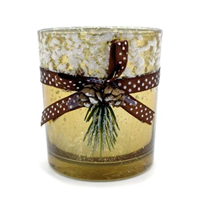 Abbildung von DARO DEKO Teelichthalter aus Glas Gold braun mit Schnee und Tannen Zapfen 1 Stück 7 x 8cm