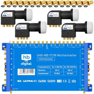Abbildung von HB DIGITAL Set: Quattro LNB Schwarz (Im Test: SEHR GUT) + Multischalter pmse 17/16 bis zu 4X Satellit und 16x Teilnehmer/Receiver für HDTV 3D 4K UHD mit Netzteil 50 Vergoldete F Stecker