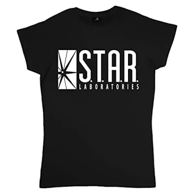 Abbildung von DC Comics Das Flash STAR Labs Logo Tailliertes Damen T Shirt Schwarz 4XL Geschenkidee für Damen, Superheld Top