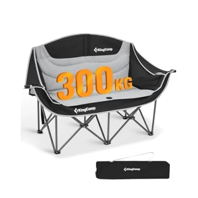Abbildung von KingCamp Campingstuhl Faltbar für 2 Personen, Camping Sofa Couch Klappbar Sitzer, Doppelter Klappstuhl mit Armlehne, Gartenstuhl Gepolstert Hochlehner Outdoor Balkon, 300kg Schwarz/Grau