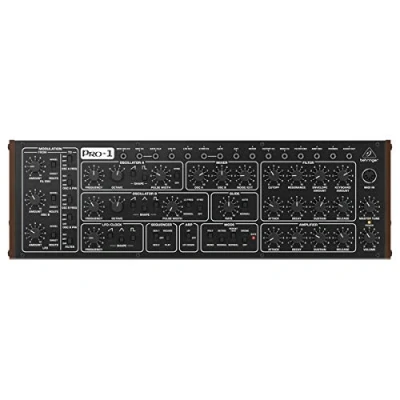 Abbildung von Behringer PRO 1 Analog Synthesizer mit zwei VCOs, 3 simultanen Wellenformen, 4 Pol VCF, umfangreicher Modulationsmatrix, 16 stimmiger Poly Chain und Eurorack Format