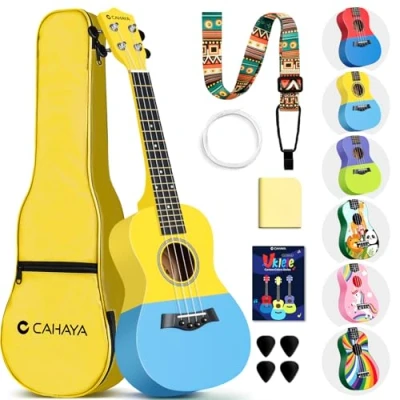 Abbildung von CAHAYA Concert Ukulele mit Gigbag für Erwachsener Enthusiast: Linde Material Geared Machine, Gurt, Noten, Saiten, Reinigungstuch, 4 Plektren, 23 Zoll Gelb Blau