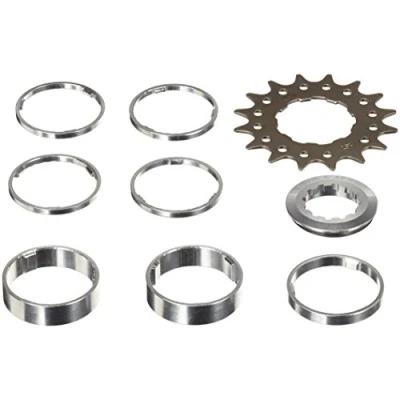 Abbildung von Point Ritzel single speed/Distanzring Set, Cr Mo Stahl, Distanzring Aluminium, Set 4x3 mm/ 1x5 2x10mm, silber schwarz, 15 Zähne, 02019905