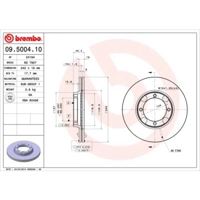 Abbildung von BREMBO 09.5004.10 Bremsscheibe 242 19 4 innenbelüftet HYUNDAI: Accent 1, I Limousine, S Coupé
