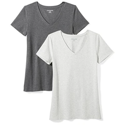 Abbildung von Amazon Essentials Damen Kurzärmeliges T Shirt mit V Ausschnitt, Klassischer Schnitt, 2er Pack, Dunkelgrau Meliert/Hellgrau Meliert, XL