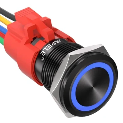 Abbildung von APIELE 19MM Verriegelung Druckschalter 12VDC 5A, Aluminiumlegierung mit LED Ringbeleuchtung wasserdicht Latch Drucktastenschalter, Auto RV LKW Boot EIN/AUS Taste Schalter (Blau)