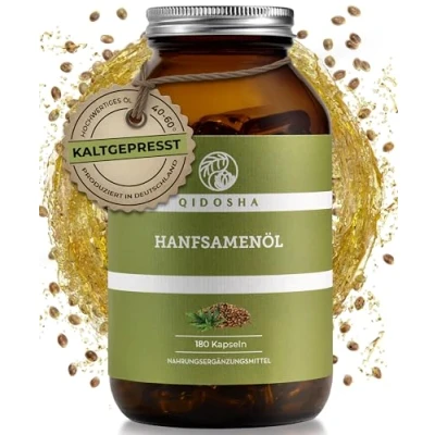 Abbildung von QIDOSHA® Hanfsamenöl Kapseln hochdosiert, 180 Stk im Apothekerglas, kaltgepresst 1000 mg je Kapsel, Omega 3 6 9 hochdosiert