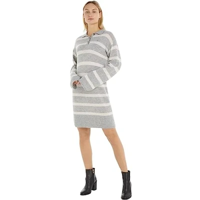 Abbildung von Tommy Hilfiger Damen Polokleid Soft Wool Langarm, Mehrfarbig (Breton Stp Grey Heather/Ecru), S
