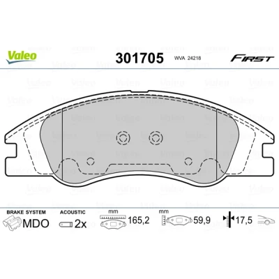 Abbildung von VALEO 301705 Bremsbelagsatz FIRST Vorderachse inkl. Verschleißwarnkontakt mit Anti Quietsch Blech KIA: Cerato Schrägheck, Limousine