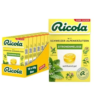 Abbildung von Ricola Zitronenmelisse, 10 Böxli Original Schweizer Kräuter Bonbons mit 13 Alpenkräutern &amp; erfrischendem Zitronen Geschmack, zuckerfrei, x 50g, vegan