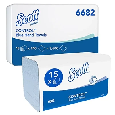Abbildung von Scott Control Papierhandtücher mit Interfold Faltung 6682 blaue Falthandtücher 15 Packungen x 240 Papiertücher V (insges. 3.600)