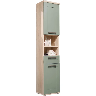 Abbildung von BERGEN Badezimmer Hochschrank in Sonoma Eiche Optik, Schilfgrün Badezimmerschrank Bad Schrank mit viel Stauraum 38 x 190 32 cm (B/H/T)