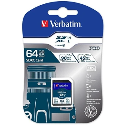 Abbildung von Verbatim Pro U3 SDXC Speicherkarte, 64 GB, SD Karte für 4K Ultra HD Videoaufnahmen, UHS Geschwindigkeitsklasse 3, Speicherkarte schwarz, ua. Kamera und PC