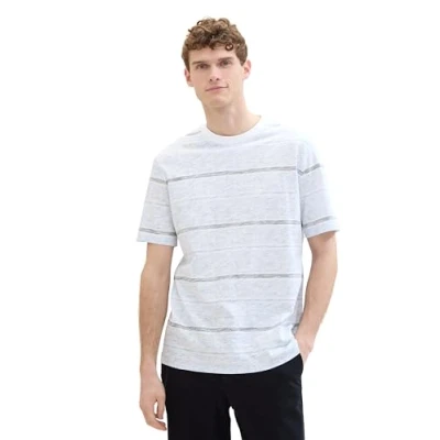 Abbildung von TOM TAILOR Herren Basic Sommer T Shirt mit Streifen, windsurf blue leaf stripe, L