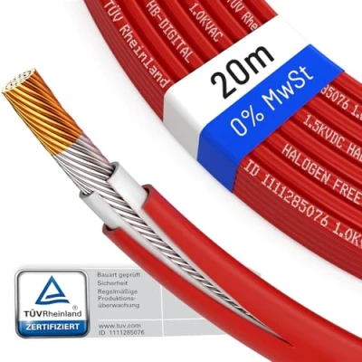 Abbildung von HB DIGITAL 20m Solarkabel H1Z2Z2 K TÜV Rheinland zertifiziertes 6mm² flexibel UV PV Kabel reines Kupfer 1500V DC für Solarpanel inkl. 0% MwSt. gem. § 12 Abs. 3 UStG Rot