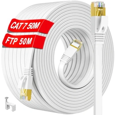 Abbildung von LAN kabel 50 meter, Cat 7 Netzwerkkabel 50m Outdoor Indoor, Hochgeschwindigkeit Flach Ethernet 600MHz 10Gbps, S/FTP Weiß Gigabit RJ45 Internet Patchkabel Wasserdicht für Router Xbox (50 Clips)