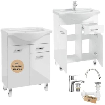 Abbildung von Deftrans Waschbecken mit unterschrank stehend Badmöbel Set 85x65x30 cm, weißer Hochglanz, Waschbeckenunterschrank und Armatur klick Stecker, Badezimmer