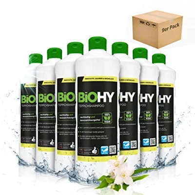 Abbildung von BiOHY Teppichshampoo (9 x 1 Liter) Teppichreiniger Konzentrat ideal gegen hartnäckige Flecken materialschonend &amp; tierfreundlich effektives Bio Mittel kraftvoller Teppich Schaum