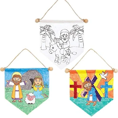 Abbildung von Baker Ross AX794 Karwoche Banner zum Ausmalen 3er Pack, Girlande mit Ostermotiv für Kinder Dekorieren