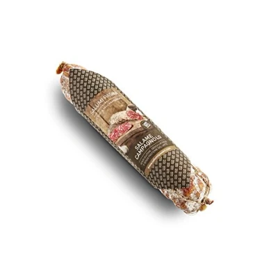 Abbildung von mittelgroße Salami Campagnolo mit Lebensmittelpapier, Salumi Pasini 450g
