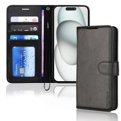 Abbildung von TECHGEAR hülle iPhone 15 Plus Leder klappbar, PU Flip Schutzhülle Ledertasche [Brieftasche] Handyhülle mit Ständer und Handschlaufe Schwarz Kompatible