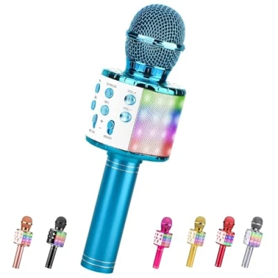 Abbildung von ShinePick Mikrofon Kinder, 4 in 1 Drahtloses Bluetooth Karaoke Mikrofon, Tragbare LED für Heim KTV Gerät kompatibel mit iOS Android PC (Blau)