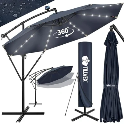 Abbildung von tillvex Alu Ampelschirm LED Solar Ø 300 cm mit Kurbel Sonnenschirm An /Ausschalter Gartenschirm UV Schutz Aluminium Kurbelschirm Ständer Marktschirm wasserdicht (Navy Blau, cm)