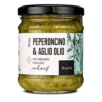 Abbildung von Wajos Peperoncino &amp; Aglio Olio mit grünen Chillies 180g Pesto, scharfes Pesto grün ideal als Pasta Sauce, Dip oder Gewürz