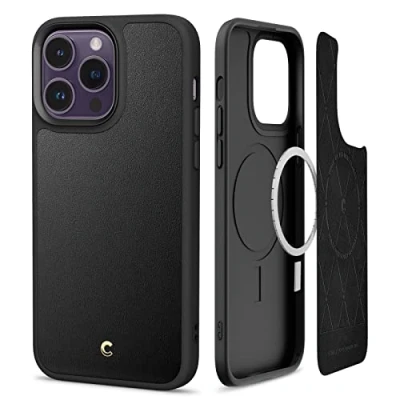 Abbildung von CYRILL von Spigen Kajuk Mag [Kompatibel mit iPhone 14 Pro] Magnetisches kabelloses Laden Premium Lederhülle Schutzhülle Schwarz
