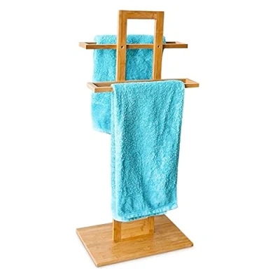 Abbildung von Relaxdays Handtuchständer Bambus mit 2 Handtuchstangen HBT 85 x 37 25 cm frei stehender Handtuchhalter in natürlicher Holz Optik als kleiner Herrendiener oder Kleiderständer im Bad, natur