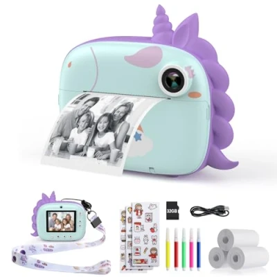 Abbildung von HiMont Kinderkamera Sofortbildkamera, Digitalkamera für Kinder mit Druckpapier &amp; 32G TF Karte, VideoKamera farbigen Stiften lustige Accessoires, Geschenk 3 14 Jahren (Grün)