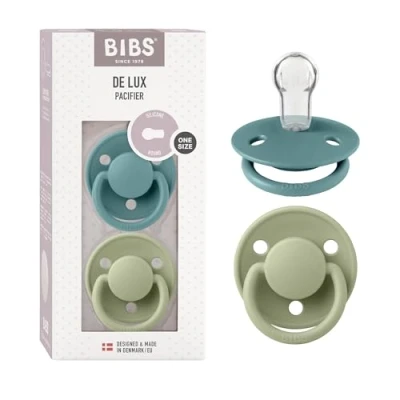 Abbildung von BIBS De Lux Schnuller 2er Pack, BPA frei, Kirschform Nippel. Silikon, Hergestellt in Dänemark. 0 36 Monate (2er Pack), Island Sea/Sage