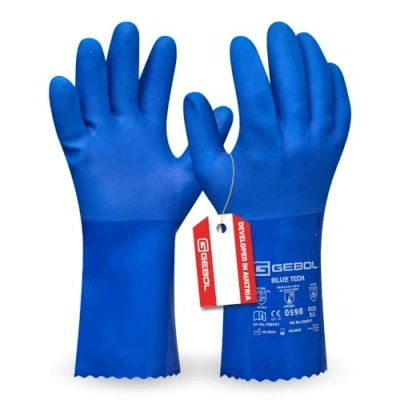 Abbildung von Gebol Blue Tech Lange Gummihandschuhe aus PVC mit Baumwollstrick gegen Chemikalien, Säure, Öl &amp; Fett Wasserdichte Arbeitshandschuhe für Reinigungen Herren Größe L (Gr 9) Blau 1 Paar