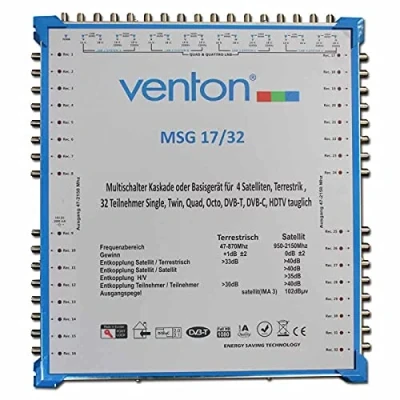 Abbildung von Venton Sat Multischalter 17/32 MSG I Multiswitch für bis zu 32 Teilnehmer Verteiler 17 Eingänge Ausgänge UHD Full HD TV 4K 3D Empfang digitaler &amp; terrestrischer Signale inkl Netzteil