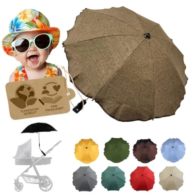 Abbildung von Sonnenschutz universal [Sonnenschirm für Kinderwagen] Buggy UV Schutz 50+ mit Universalhalterung biegsamer Schirm Rund und Ovalrohre verstellbar (meliert hellbraun)