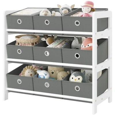 Abbildung von Lestarain Kinderregal mit 9 Boxen, Bücherregal Kinder, Spielzeug Aufbewahrung, Montessori Spielzeugregal, Regal Kinderzimmer Spielzimmer Kindergarten, 63,5x58x29,5 cm, Holz, Weiß Grau