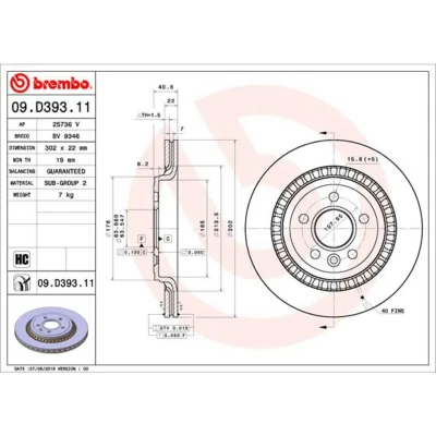 Abbildung von BREMBO 09.D393.11 Bremsscheibe 302 22 5 innenbelüftet beschichtet hochgekohlt VOLVO: V60 I, V70 3, S60 II