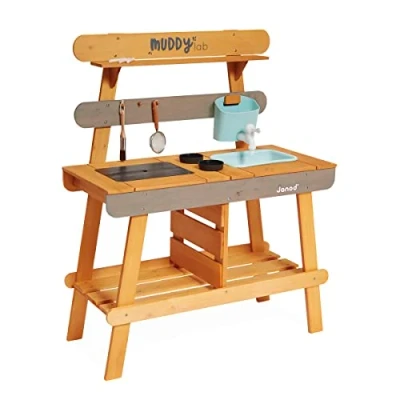 Abbildung von JANOD Muddy Lab Kinderküche für draußen aus FSC Holz 10 Utensilien Rollenspielzeug Outdoor Kinderspiel Ab 3 Jahre, J06632, Bleu ciel/Gris, 77 x 35 95