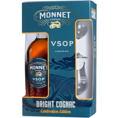Abbildung von Monnet VSOP Cognac aus Frankreich Gold Meiningers International Spirits Awards mit Geschenkverpackung Glas aromatisch fruchtiger Geschmack 40% Vol. 0,7 Liter