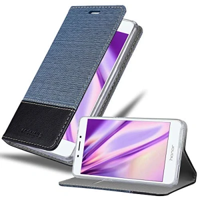 Abbildung von Cadorabo Hülle kompatibel mit Honor 6A aus Premium Jeans und Kunst Leder Flip Klappbare Stoßfeste Magnetische [Standfunktion] [Kartenfächern] Cover für Tasche in Blau