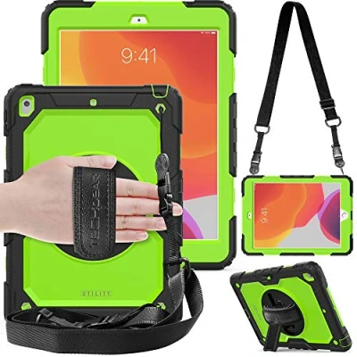Abbildung von TECHGEAR Utility Hülle für iPad 10.2 2021/2020/2019 [9. 8. 7. Generation] Robust Heavy Duty Stoßfeste Schutzhülle mit 360 Grad Schwenkständer, Hand Schultergurt Eingebauter Displayschutz Grün