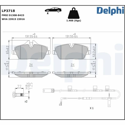 Abbildung von DELPHI LP3718 Bremsbelagsatz inkl. Verschleißwarnkontakt mit Anti Quietsch Blech Zubehör MINI: Clubman (R55) 1.6 Cooper, Cooper D, One
