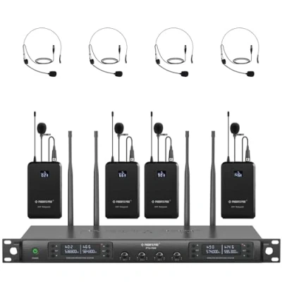 Abbildung von Phenyx Pro 4 Kanal Drahtlos Mikrofon System, UHF Auto Scan Cordless Mic Set, Bodypacks mit Headsets/Lapel Mics, 4x40 Frequenzen, 328ft Reichweite, für Kirche, DJ, Meeting (PTU 7000 4B)