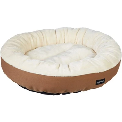 Abbildung von Amazon Basics Rundes Haustierbett für Hunde und Katzen Creme/Braun, L 51 x B H 15 cm
