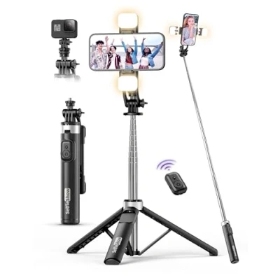 Abbildung von 135CM Selfie Stick mit 2 Fülllicht, All in 1 Handy Stativ Abnehmbarer Fernbedienung, 360 Drehbarer Tragbar Handyhalterung Stabil Stange Kompatibel iPhone/Samsung/Android