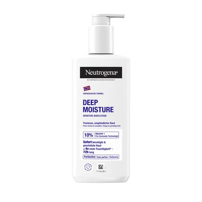 Abbildung von Neutrogena Norwegische Formel Deep Moisture Sensitive Bodylotion (250 ml) für trockene, empfindliche Haut, pflegende Körperlotion mit 10% Glycerin + Pro Ceramide Technologie